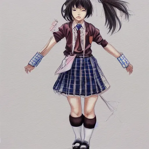 Image similar to a perfect, realistic professional digital sketch of a Japanese schoolgirl in style of Marvel, full length, by pen and watercolor, by a professional Japanese artist on ArtStation, on high-quality paper