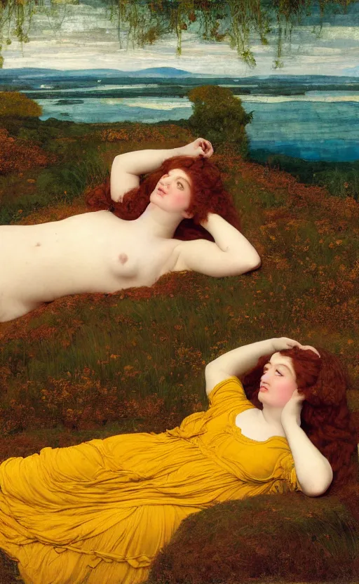 Prompt: preraphaelite full body reclining portrait photography masterpiece, facial features are a hybrid of judy garland and a thin jo brand, thin aged 2 5, foreshortening, brown hair fringe, yellow ochre ornate medieval dress, rosetti frederic leighton ford madox brown, background by william morris and kilian eng, framed, 4 k