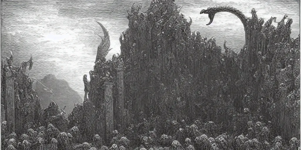 Image similar to angry geese guarding the gates of hell, art by gustave dore