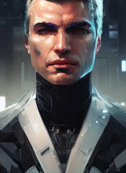 Prompt: portrait of a blonde bruce wayne, futuristic, cyberpunk, cybernetic enhancements, concept art, trending on artstation, greg rutkowski