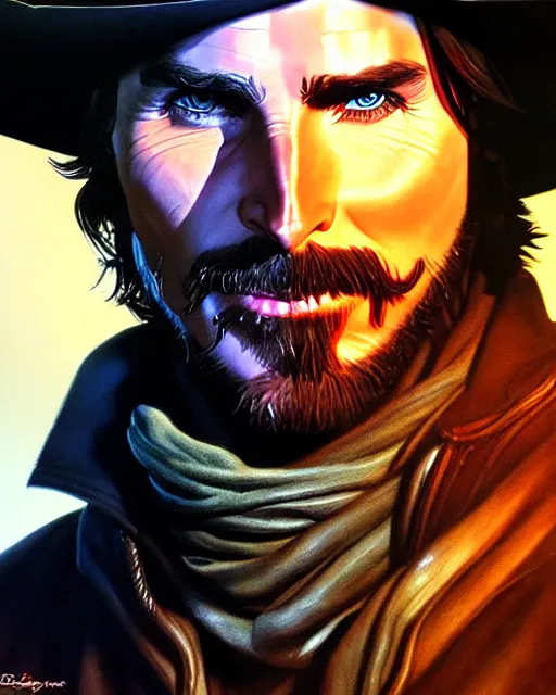 Image similar to christian bale as mccree from overwatch, character portrait, portrait, close up, highly detailed, intricate detail, amazing detail, sharp focus, vintage fantasy art, vintage sci - fi art, radiant light, caustics, by boris vallejo