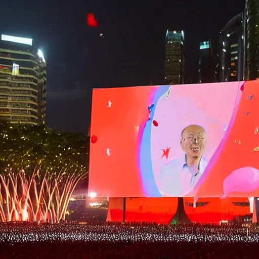 Prompt: singapore national day parade, giant hologram of lee kuan yew floating overhead