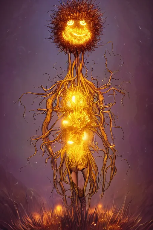 Image similar to a humanoid figure glowing dandelion plant monster, amber eyes, highly detailed, digital art, sharp focus, ambient lighting, autumn, trending on art station, anime art style