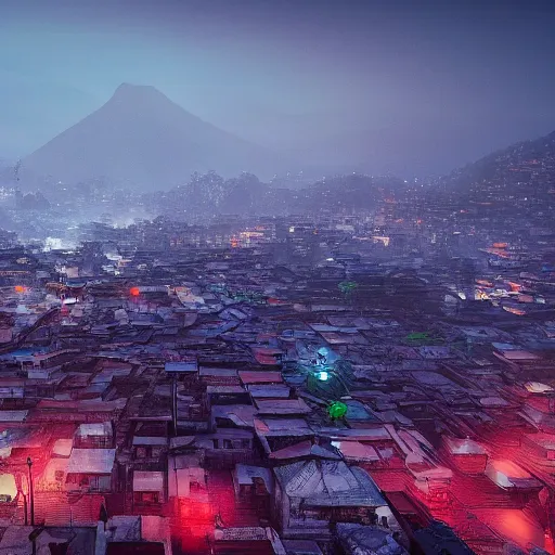 Prompt: a landscape image of kathmandu in a style of cyberpunk, highly detailed, cinematic lighting, hyperrealistic, 4 k, digital art