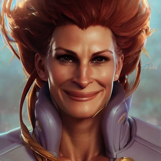 Image similar to julia roberts as a street fighter character, cg animation, capcom, realistic, character select portrait, by artgerm, greg rutkowski, alphonse mucha, 3 d