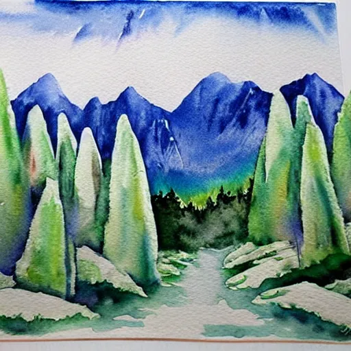 Image similar to https : / / s. mj. run / ykodba 4 hx 8 w, watercolor mountains painting, white swirls, forest