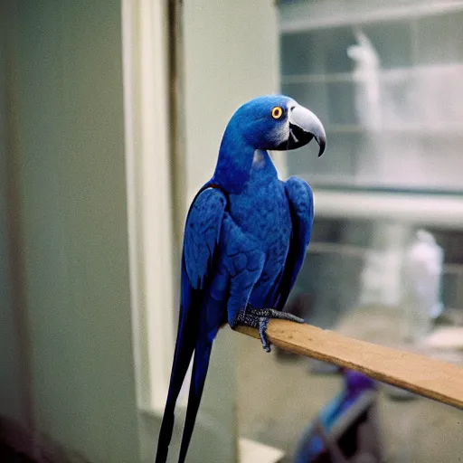 Prompt: Hyacinth macaw lost in backrooms, cinematic shot, cinestill 800 t