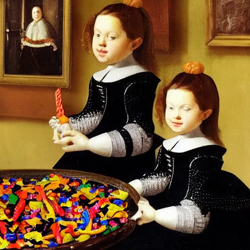 Image similar to Velazquez Las Meninas, candy, sculpted out of candy, gummy candies, gummy bears, gummy worms, colorful award-winning photo of candy, happy smiley