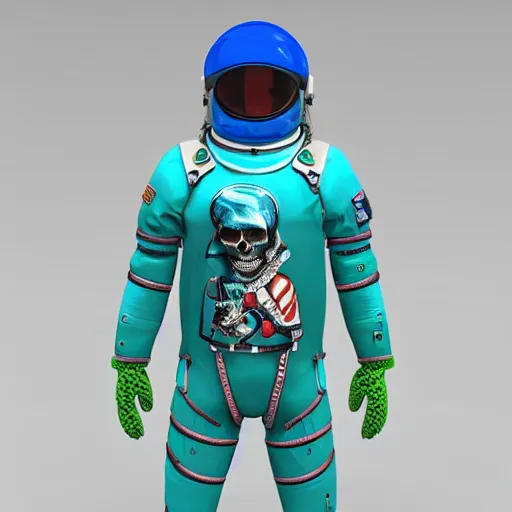 Prompt: skull blue and green anatomical in an astronaut suit in space 3 d