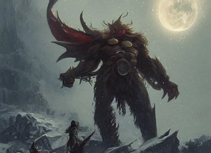 Prompt: giant asgard demon attacking an encampment during a blizzard, highly detailed, digital illustration, artstation, concept art, matte, sharp focus, illustration, dramatic, full moon, art by artgerm and greg rutkowski and alphonse mucha