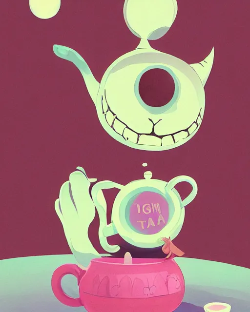 Prompt: cheshire cat drinking tea, by james gilleard, character art, art, very coherent, plain background, lighthearted, soft painting