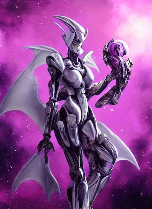 Image similar to cinematic close shot, galactic sized goddess, proportional stunning beautiful hot female warframe, sleek mecha female dragon head, metal ears, led purple eyes, smooth fuschia skin, smooth silver armor, floating in space, holding a galaxy, epic proportions, epic size, epic scale, furry art, dragon art, giantess art, warframe fanart, furaffinity, octane