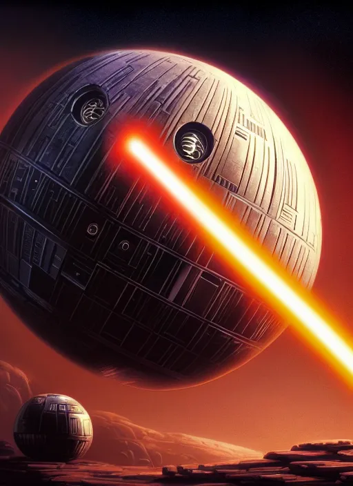 Image similar to death star from star wars as an apple, subsurface scattering, by jesper ejsing, justin gerard, tomasz alen kopera, cgsociety and fenghua zhong, highly detailed, rim light, cinematic lighting, illustration, art, octane render, very coherent, cinematic, hyper realism, high detail, octane render, 8 k