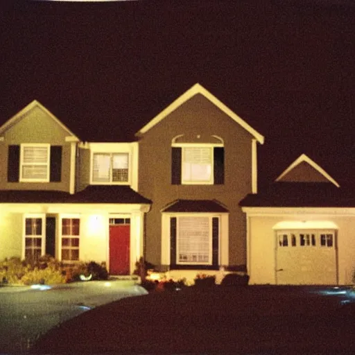 Prompt: a foggy high flash photo of a suburban home from the street at night, 2 0 0 6, taken with a disposable camera
