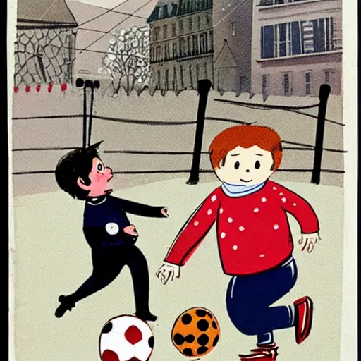 Image similar to book illustration of a french boy on the streets of paris playing football against a corgi, the dog is wearing a polka dot scarf, 1 9 6 6