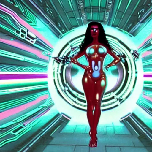 Prompt: a VHS still of a concept art with a photo of Tia Carrere as a solarpunk robotic humanoid, white mechanical parts with led lights, vaporwave artwork composition, Windows98 logo, in the movie Lifeforce (1985) 8k, intricate, pastel colors