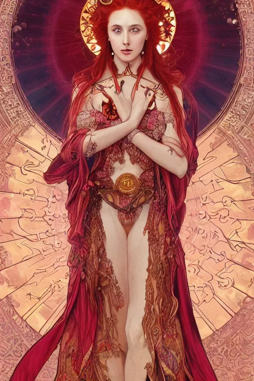 Image similar to a full body tarot card of the red haired tjocc empress of eternity, space, universe, portrait, highly detailed, deep focus, elegant, digital painting, smooth, sharp focus, illustration, ultra realistic, 8 k, art by artgerm and alphonse mucha