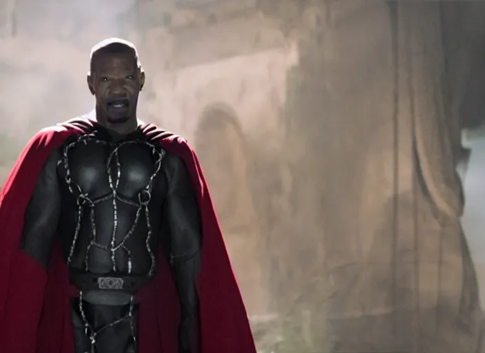 Image similar to film still of jamie foxx as spawn in the new spawn movie, giant chains, large cape, 8 k