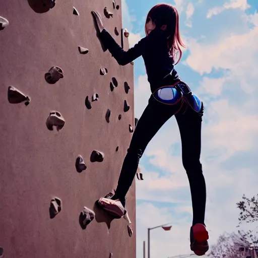 Prompt: anime girl climbing a wall