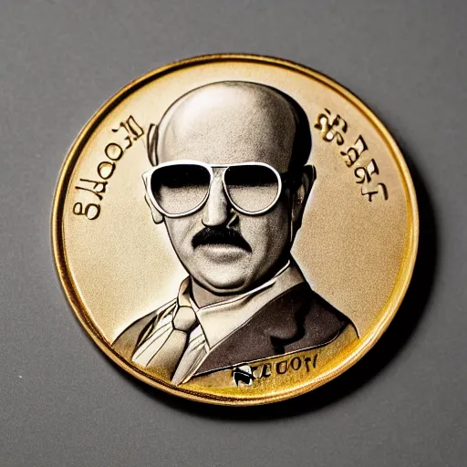 Image similar to A photograph of a delicious chocolate coin that is engraved with a portrait of 1975 leon redbone, highly detailed, close-up product photo, depth of field, sharp focus