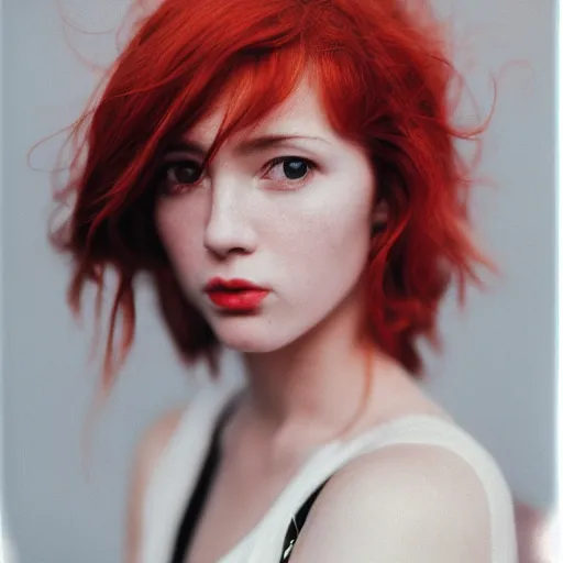 Prompt: portrait a red headed woman, close up. nikon 2 9 mm f / 0. 8, cinelux asa 1 0 0, medium - format print.