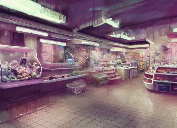 Prompt: placid pastel deep cozy moody cluttered painterly fluffy tiny cramped pet store counter, aisles of aquariums, slanted ceiling, tiny space, particulate, trending on pixiv