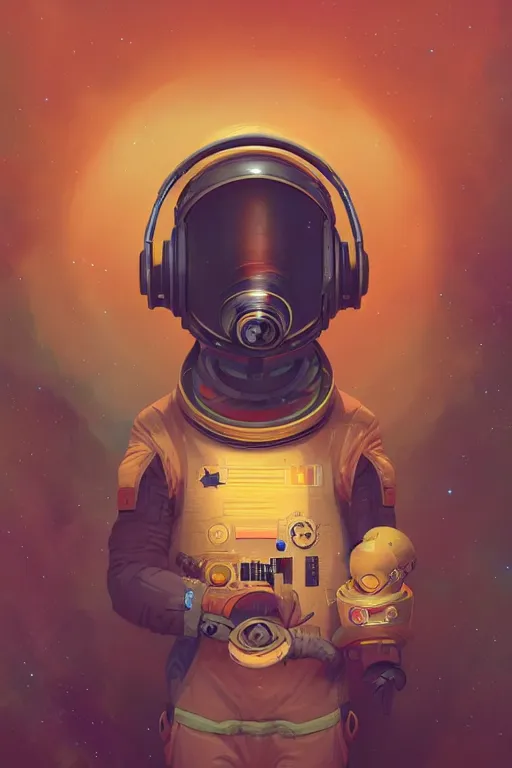 Image similar to a poster design of a cyberpunk astronaut wearing headphones in space, universe, cyberpunk, warm color, Highly detailed labeled, poster, peter mohrbacher, featured on Artstation