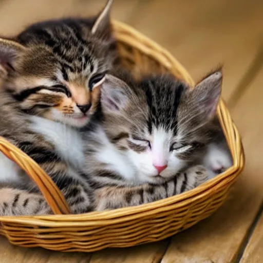 Image similar to two kittens sleeping in a basket, happy, cute