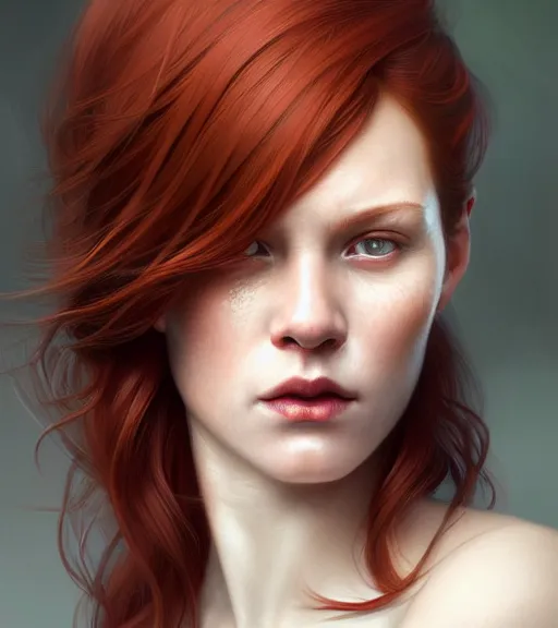 Image similar to portrait of a auburn hair, female, teacher, red wine, in heightened detail, poised, intense emotion, detailed facial expression, 8 k, hyperrealistic, detailed surroundings, intricate, elegant, highly detailed, centered, digital painting, cgsociety, concept art, smooth, sharp focus, illustration, by ( ross tran ), wlop