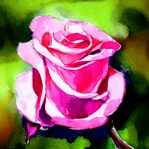 Image similar to close view of a pink rose, very bright lighting, watercolor, water paint