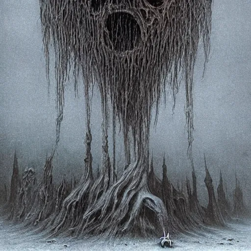 Prompt: kuriboh beksinski, eldritch, apocalypse, creepy creature, horror spooky