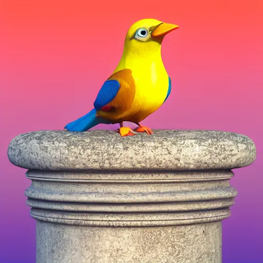 Prompt: cute colorful bird sitting on the top of a roman column pillar made of marble, octane render, 4 k, cinematic lighting, gradient lighting