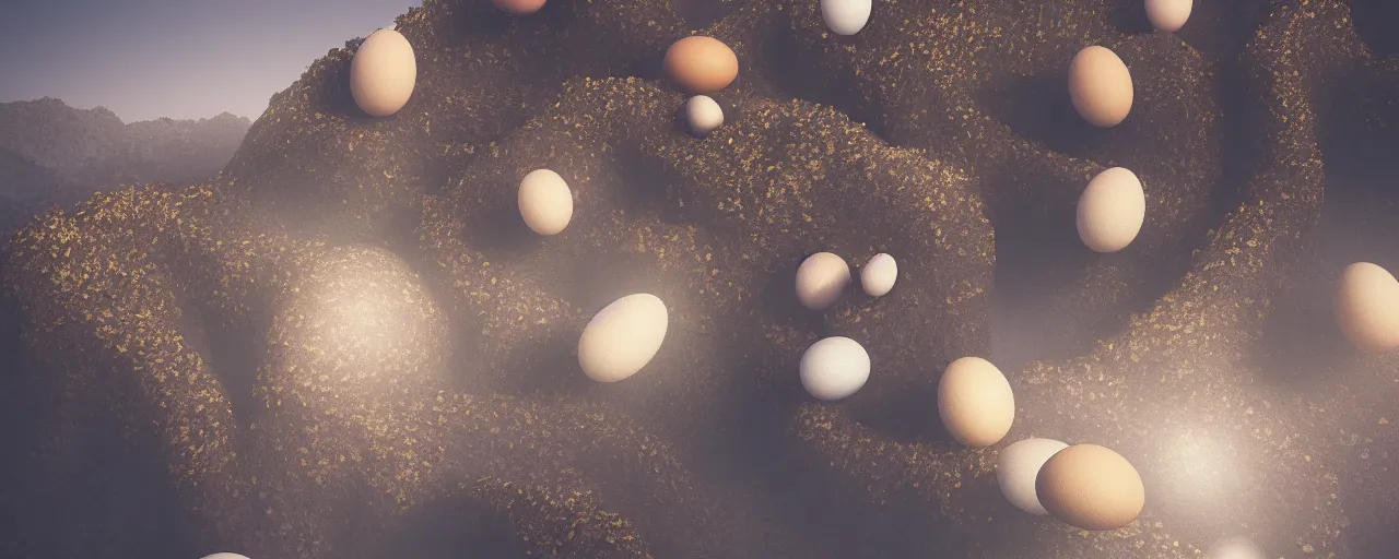 Image similar to ” otherwordly landscape with eggs covered in thick cream, [ by wlop, cinematic, detailed, epic, widescreen, opening, establishing, mattepainting, photorealistic, realistic textures, octane render ] ”