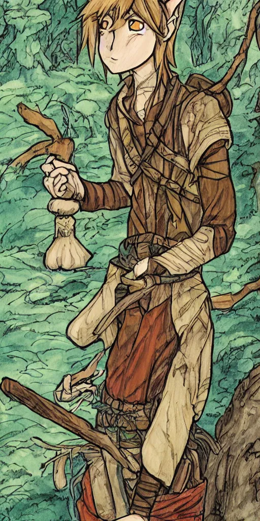 Image similar to an wood elf boy getting ready for an high fantasy adventure on the mountain side, anime style, tarot card, Tarot card the fool, fine line work, psychedelic, full color, earth tones