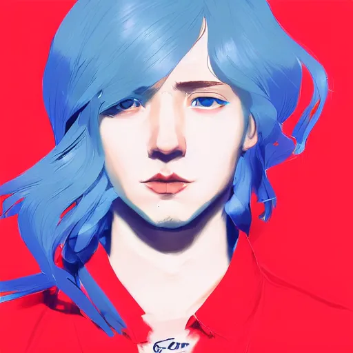 Image similar to profile shot of ilya kuvshinov with long hair, sky blue hair, hazel eyes, boyish face, professional digital painting, concept art, award - winning photography, cinematic, tarot card, awe, regal, wlop, holy, spiritual, art by andy warhol, pixiv art, yoshitaka amano