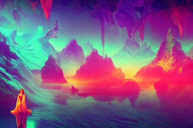 Image similar to wide ((wide)) photo of surreal beautiful beautiful woman (((dynamic neon lighting)) in chromatic dmt trippy lake with glowing birds, mountains, elegant, highly detailed, sharp focus, illustration, beautiful, geometric, trending on artstation, cinematic, artwork by Tran, Ross and Aivazovsky, Ivan