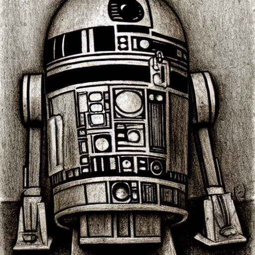 Prompt: a pencil sketch by leonardo davinci of the droid r 2 d 2, machine, sketch, da vinci, old masters, paper,