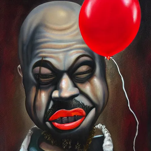 Image similar to grunge painting of kanye with a wide smile and a red balloon by chris leib, loony toons style, pennywise style, corpse bride style, horror theme, detailed, elegant, intricate