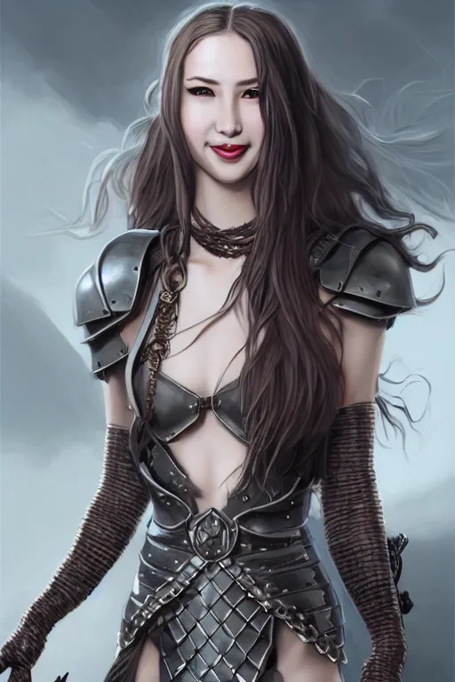 Image similar to Portrait of seductive female fighter, D&D, revealing stylish dress like chainmail and metal plate armor, choker on neck, very long flowing hair, mouth slightly open, cute slightly nerdy smile, fantasy, intricate, elegant, stylish, highly detailed, digital painting, artstation, concept art, smooth, sharp focus, illustration, art by artgerm and greg rutkowski and alphonse mucha