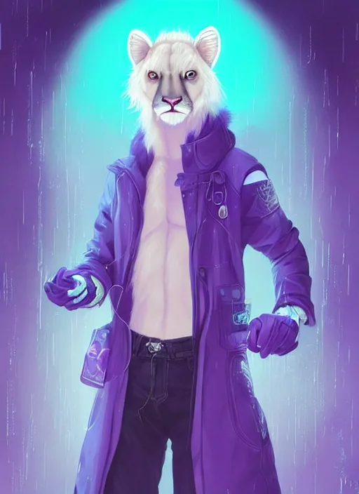 Prompt: award winning beautiful portrait commission of a male furry anthro albino mountain lion fursona with a tail and a cute beautiful attractive detailed furry face wearing stylish cyberpunk clothes in a cyberpunk city at night while it rains. Purple and Yellow neon light. Character design by charlie bowater, ross tran, artgerm, and makoto shinkai, detailed, inked, western comic book art