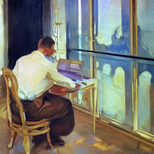 Image similar to sorolla's painting of the bioinformatician installing python software