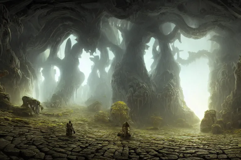 Image similar to A hyper realistic detailed matte painting of the entrance to a dungeon of the maw at the base of a psychedelic monolith, dramatic lighting, dynamic lighting, cinematic lighting, lit by morning light, by Raphael Lacoste and John Howe and Jonathan Berube, unreal engine, featured on artstation, ultrawide angle, polarizer filter, crowd of mushrooms