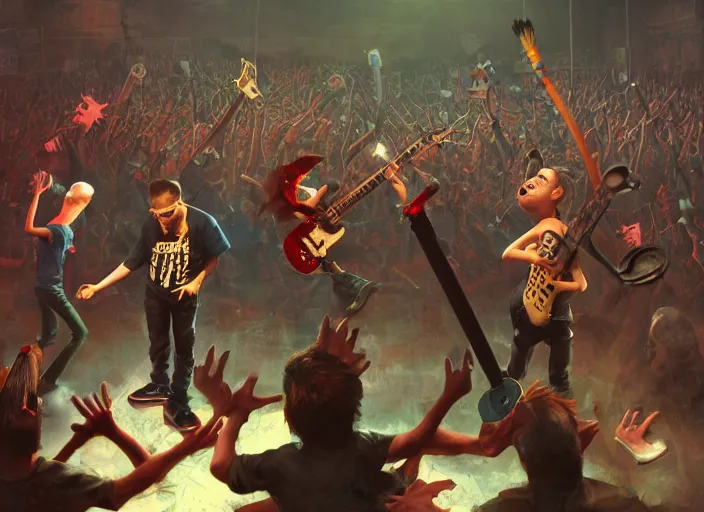 Image similar to 4 punks in school uniform with mohawks stand on stage with guitars and drums and microphones and yell day, foreground fight of ravers and punks, by marc simonetti, tyler edlin, deviantart, ray tracing, octane render, digital art, realistic, high quality, 8 k