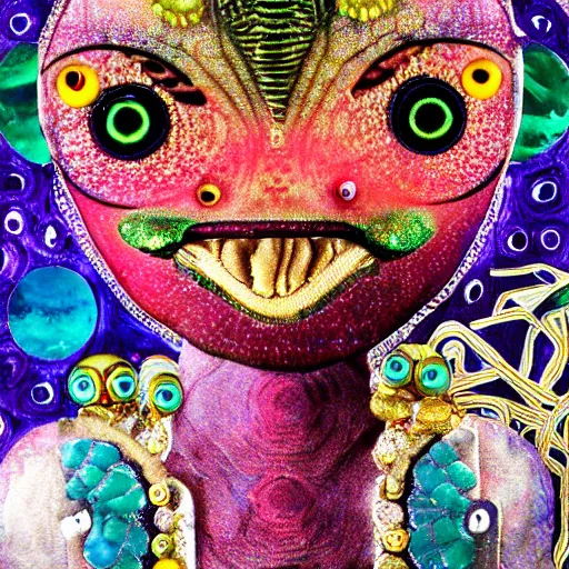 Prompt: alien with jewels for eyes, on exotic dreamy planet, highly detailed, felt, mixed media collage