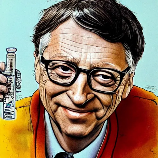 Image similar to bill gates holding a vaccine in his hand, Body horror, by Ralph Steadman