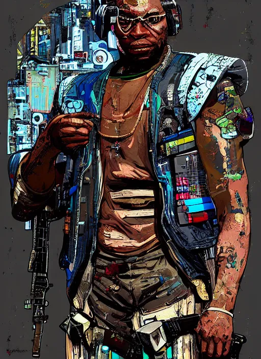 Prompt: chidi igwe. cyberpunk mercenary in combat vest. portrait illustration, pop art, splash painting, art by geof darrow, ashley wood, alphonse mucha, makoto shinkai