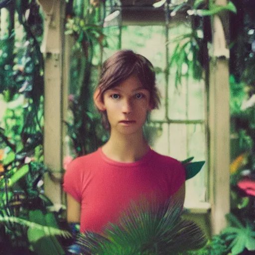 Image similar to grainy head to shoulder portrait Polaroid film photograph of a small magical fairy in a tropical greenhouse. looking at the camera!!. super resolution. surreal. Extremely detailed. Polaroid 600 film. by Annie Leibovitz and Richard Avedon