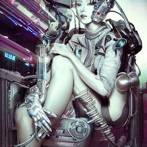 Image similar to the portrait of an absurdly beautiful, graceful, sophisticated, fashionable cyberpunk gynoid gravure idol, an ultrafine hyperdetailed illustration by kim jung gi, irakli nadar, intricate linework, neon wiring, porcelain skin, unreal engine 5 highly rendered, global illumination, radiant light, detailed and intricate environment