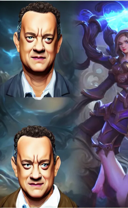 Image similar to Tom Hanks as a character in the game League of Legends, with a background based on the game League of Legends, detailed face, old 3d graphics