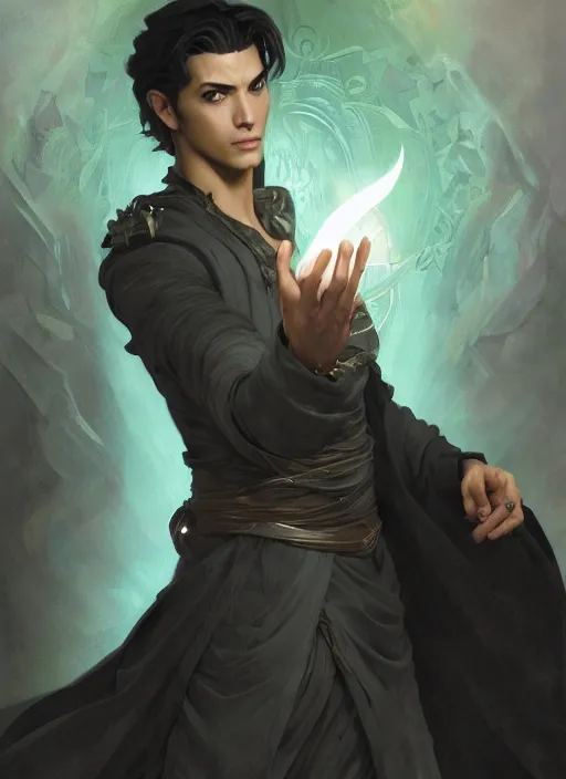 Image similar to character concept portrait of a handsome young corrupted hispanic wizard with olive skin casting an evil spell, a floating iridescent spell book in the center, intricate, elegant, digital painting, concept art, smooth, sharp focus, illustration, from Metal Gear, by Ruan Jia and Mandy Jurgens and William-Adolphe Bouguereau, Artgerm